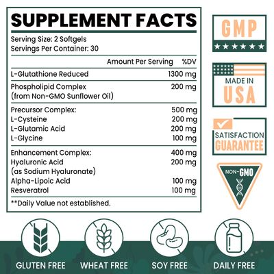 8-in-1 Liposomal Glutathione 2400 MG, High Absorption Antioxidant Formula - with Hyaluronic Acid, Alpha-Lipoic Acid, Resveratrol - Skin, Liver Detox &amp; Immune System, 120 Softgels