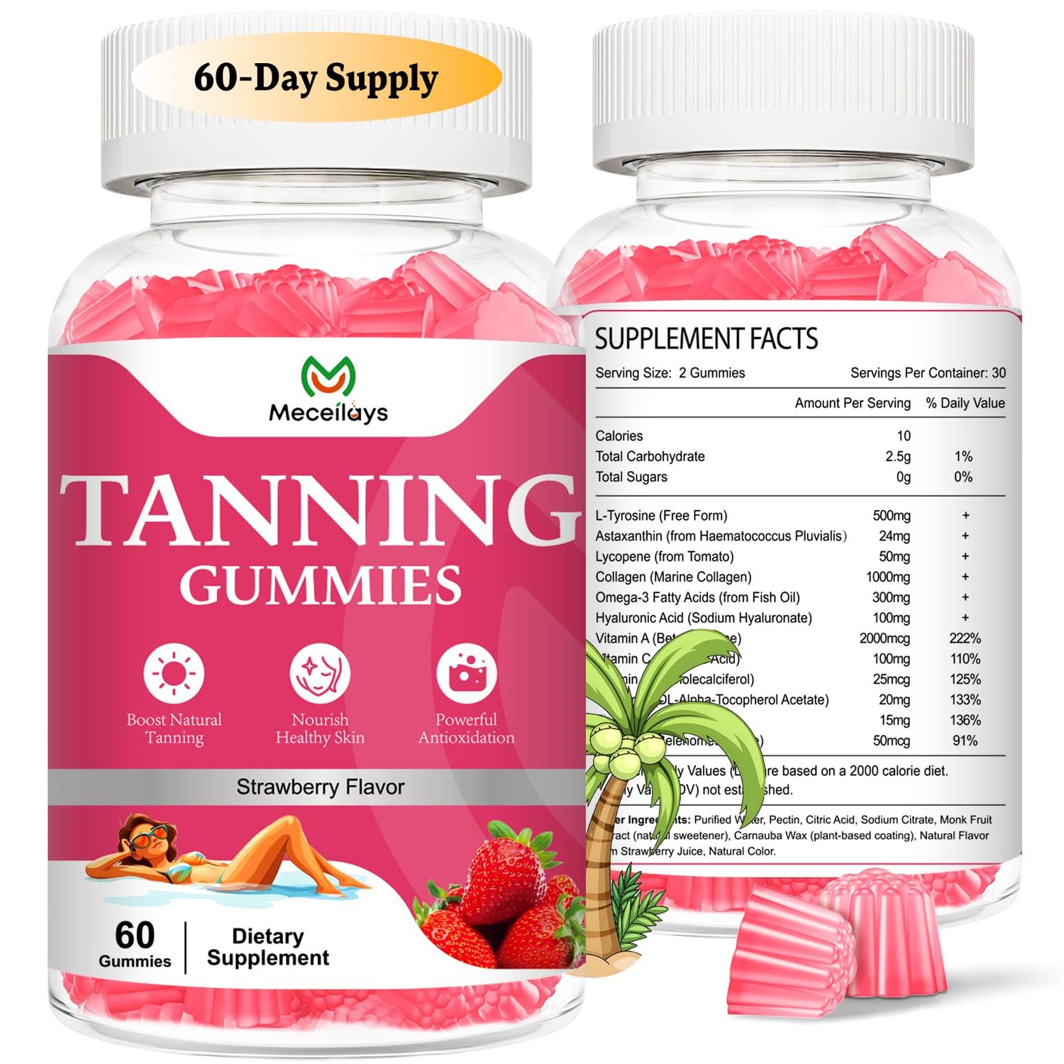 2 Pack Tanning Gummies for Women, Daily Tanning Supplement Melanin Tan Gummy Chew with Astaxanthin Vitamin Beta Carotene Work Fast Without Sun for Men, Vegan Sugar Free,Strawberry Flavor,120 Count