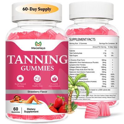 2 Pack Tanning Gummies for Women, Daily Tanning Supplement Melanin Tan Gummy Chew with Astaxanthin Vitamin Beta Carotene Work Fast Without Sun for Men, Vegan Sugar Free,Strawberry Flavor,120 Count