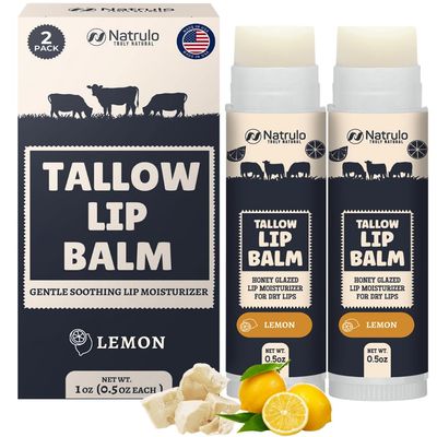 Beef Tallow Lip Balm - Natural Tallow Beeswax Chapstick - Hydrating Moisturizer Grass Fed Beef Tallow Balm Lip Care - Soothes Chapped Dry Sensitive Lips - Long Lasting Vitamin Rich USA-Made 2Pk Lemon
