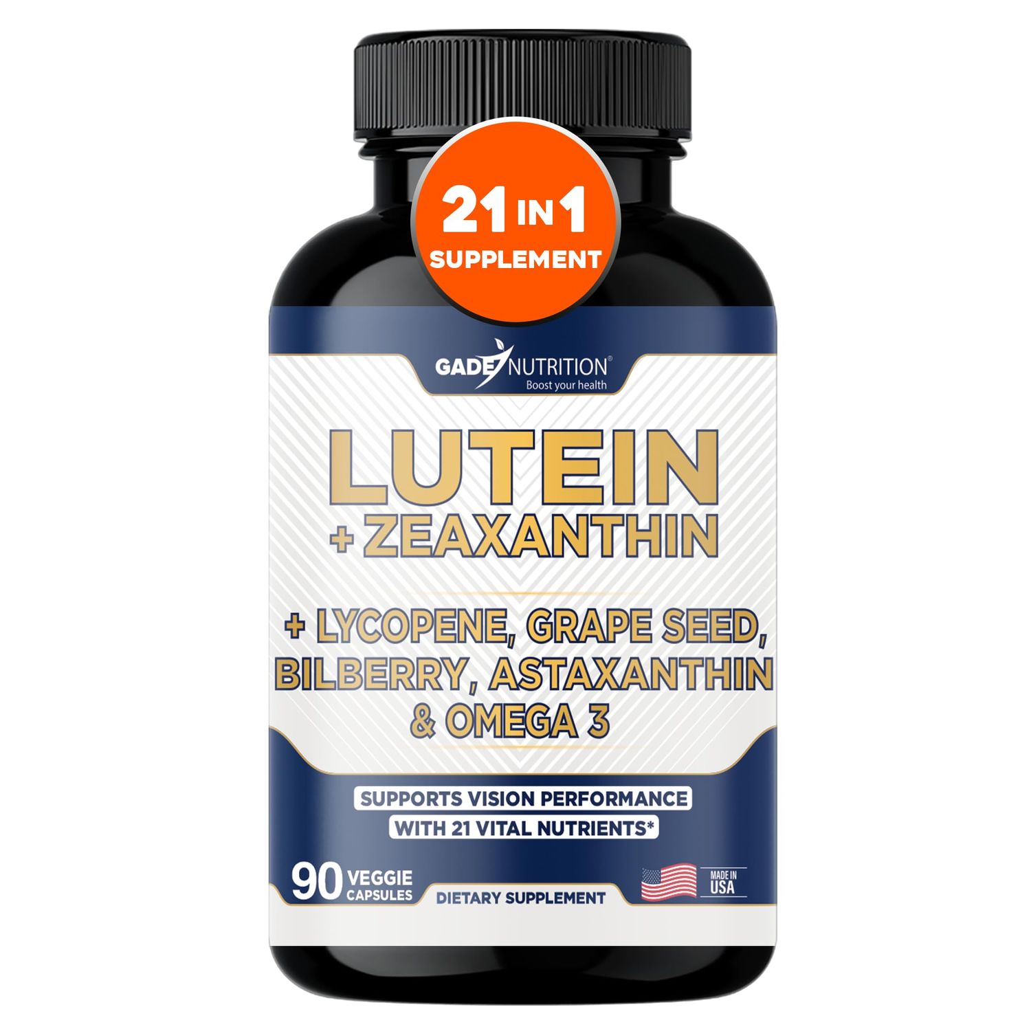 Gade Nutrition Lutein and Zeaxanthin Supplements | Astaxanthin, Omega 3, Resveratrol, Bilberry, Lycopene, Quercetin, Ginkgo Biloba, Vitamin D - Eye Health Vitamins, Eye Support, Health Vision Formula