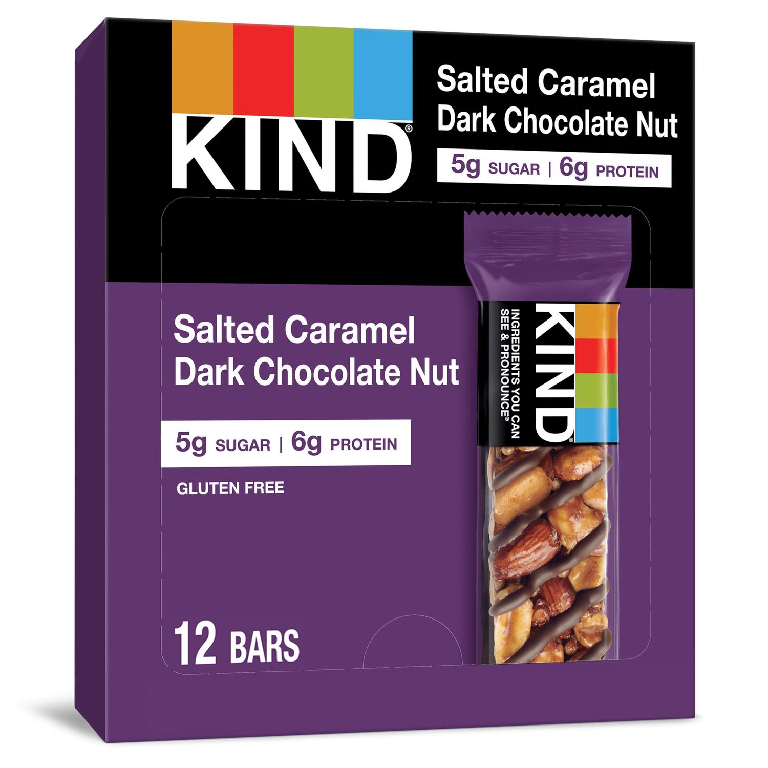 KIND Nut Bars, Salted Caramel &amp; Dark Chocolate Nut, Healthy Snacks, Gluten Free, Low Sugar, 6g Protein, 12 Count