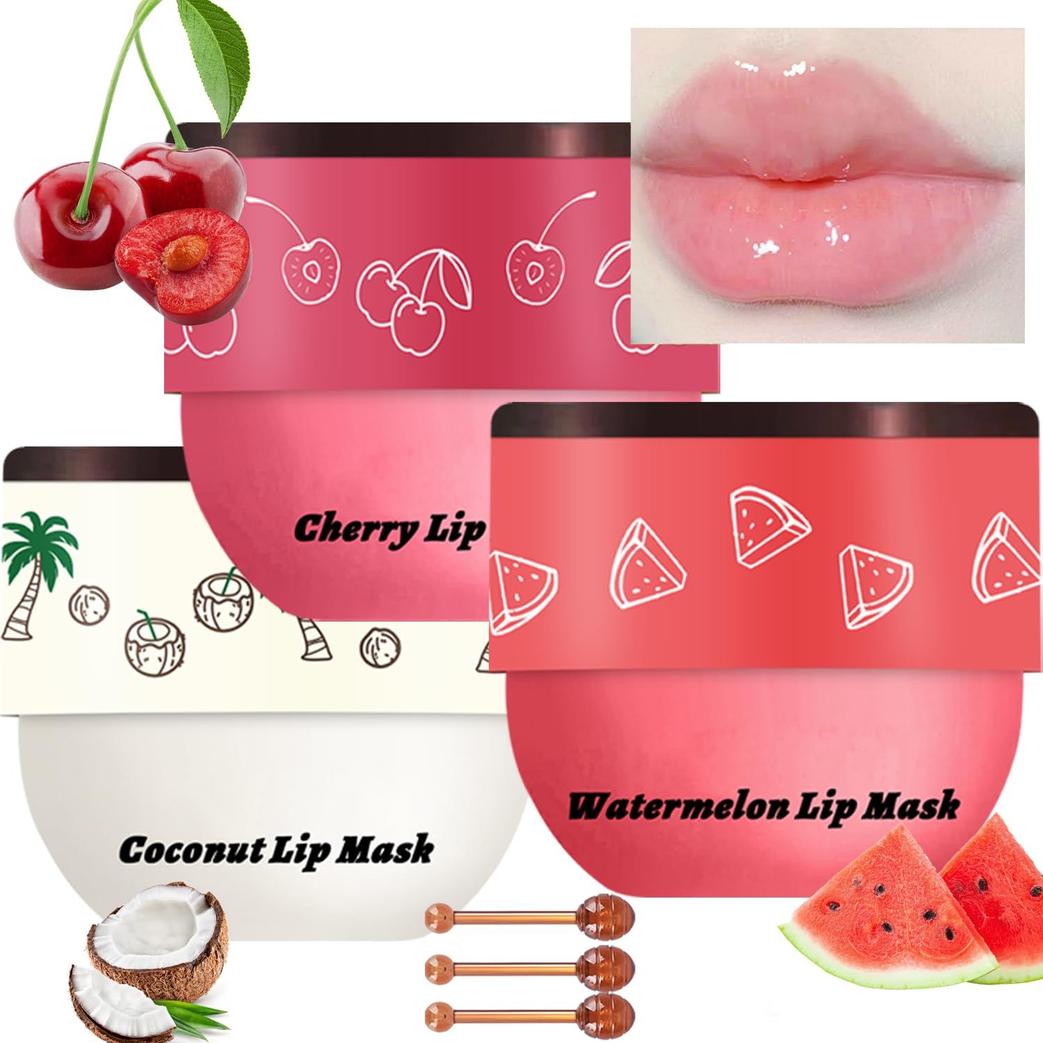 3 Pcs Bee Lip Balm Honey Pot, Honey Strawberry Apple Lip Mask Overnight, Moisturizing Lip Sleeping Mask, Hydrate Repair Prevent Dry Cracked Lip Exfoliator Lip Care (Coconut WatermelonCherry)