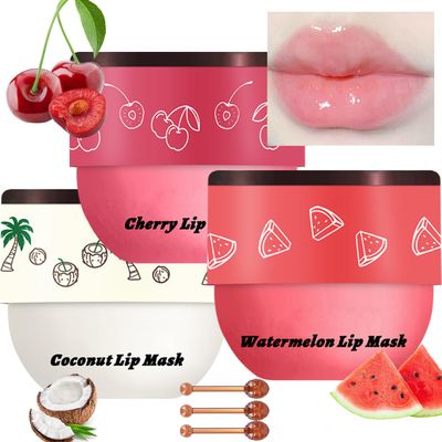 3 Pcs Bee Lip Balm Honey Pot, Honey Strawberry Apple Lip Mask Overnight, Moisturizing Lip Sleeping Mask, Hydrate Repair Prevent Dry Cracked Lip Exfoliator Lip Care (Coconut WatermelonCherry)