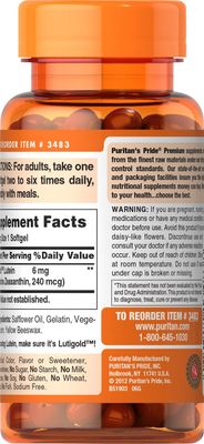 Puritan's Pride Premium Lutigold Lutein Carotenoid 6mg with Zeaxanthin for Men and Women, Dietary Supplement for Eye Health Support, 200 Rapid Release Softgels
