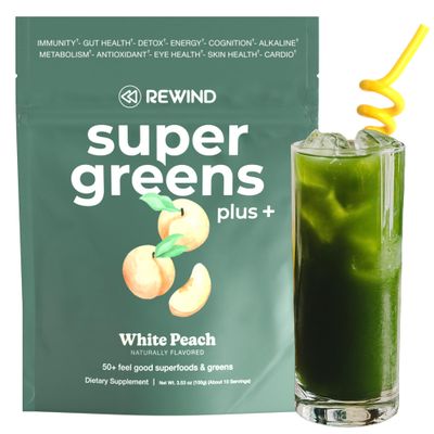 Super Greens Powder with 50 Superfoods - Daily Green Juice for The Whole Family - Delicious Green Powder Drink Mix - White Peach Flavor - 10 Servings