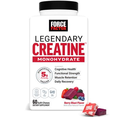 FORCE FACTOR Legendary Creatine Chews, 5g Creatine Monohydrate, Build Muscle, Improve Strength &amp; Recovery, Support Memory &amp; Cognitive Function, Sugar Free, Berry Blast, 60 Soft Chews