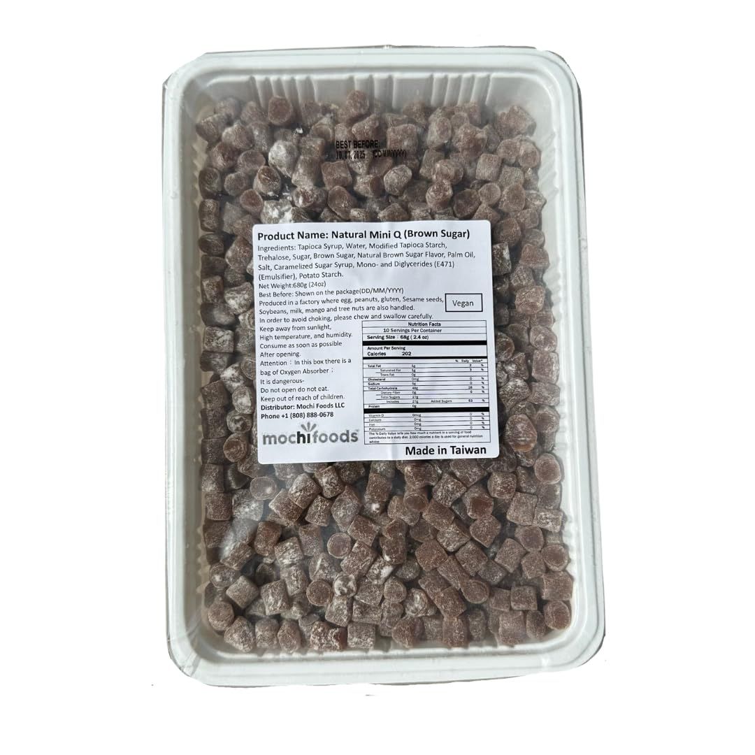Mochi Foods Mini Q, Mini Mochi, Natural Brown Sugar Flavor, Ice Cream Topping, Ready to eat Boba, 24oz