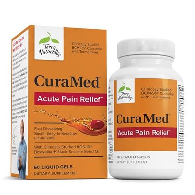 Terry Naturally CuraMed Acute Pain Relief - Supplement with BCM-95 Curcumin &amp; BOS-10 Boswellia - Black Sesame Seed Oil to Support Relief of Occasional Discomfort - 60 Liquid Gels