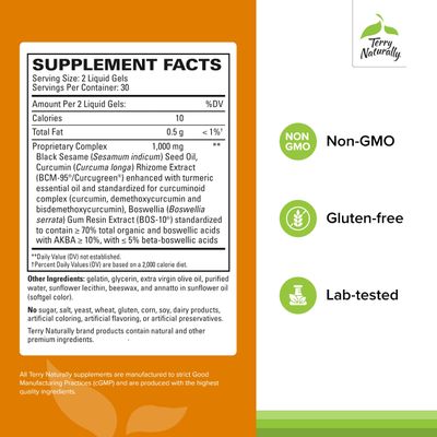Terry Naturally CuraMed Acute Pain Relief - Supplement with BCM-95 Curcumin & BOS-10 Boswellia - Black Sesame Seed Oil to Support Relief of Occasional Discomfort - 60 Liquid Gels