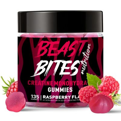 BEAST BITES Nutrition Creatine Monohydrate Gummies for Men &amp; Women - 5g of Creatine Monohydrate per Serving - Sugar Free,Vegan, Raspberry Flavor, 135 Count (45 Servings).