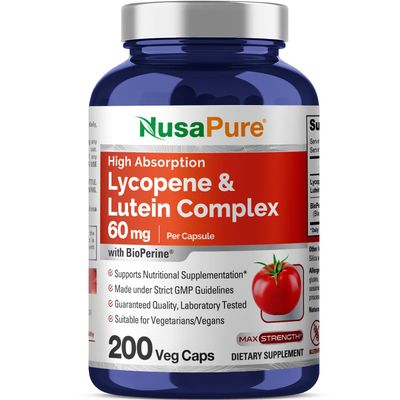 NusaPure Lycopene &amp; Lutein Complex 60mg per Caps, 200 Veggie Capsules (Non-GMO, Vegan)