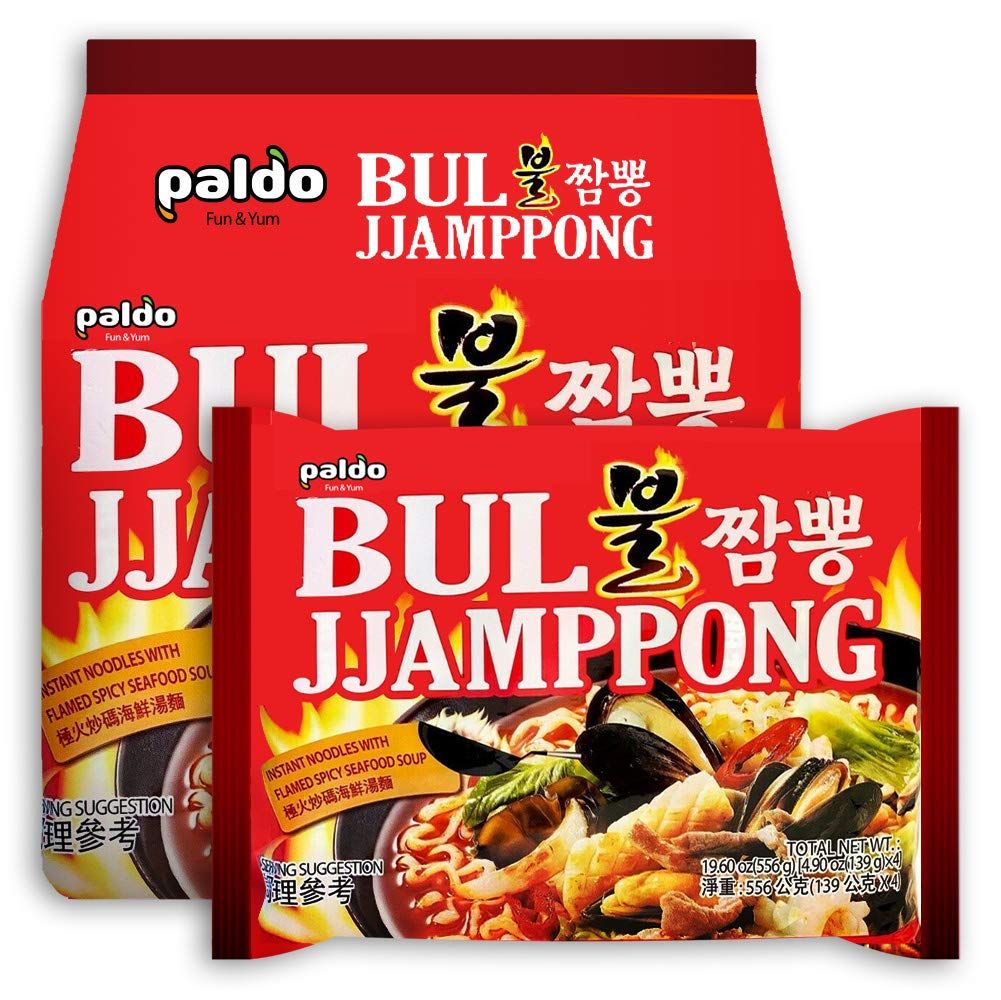 Paldo Fun &amp; Yum Bul Jjamppong Instant Noodles with Soup, Spicy Seafood Based Broth, Best Oriental Style, Original Korean Ramyun, Spicy Ramen Challenge, K-Food, 115g x 4 Pack