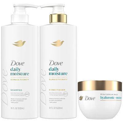 Dove Daily Moisture Shampoo &amp; Conditioner Set with Hyaluronic &amp; Moisture 10-in-1 Serum Mask - Deep Hydration for Smoothing &amp; Revitalizing Dry Hair (3-Piece Set)