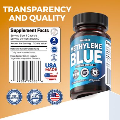 Welldiet Methylene Blue Capsules 10mg -Made in USA- Pharmaceutical Grade USP - Methylene Blue Supplement - 60 Count - 2-Month Supply