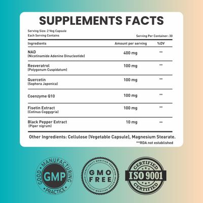 SAIKOU HERBS NAD Supplement 810mg with Nicotinamide Adenine Dinucleotide, Resveratrol, Quercetin, Coenzyme Q10, Fisetin and Black Pepper - Healthy Aging - High Absorption - 60 Capsules