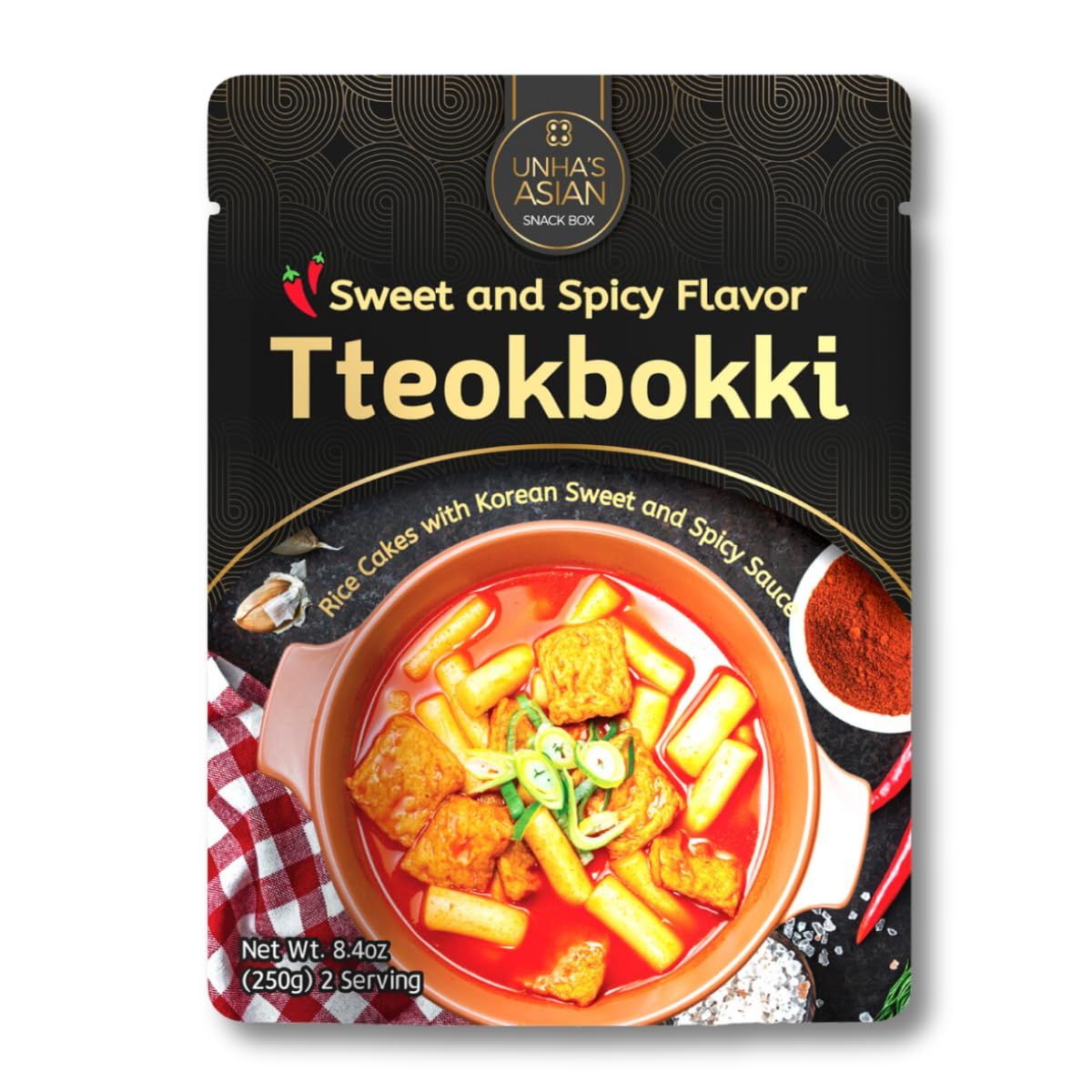 Unha&#39;s Korean Sweet &amp; Spicy Tteokbokki 8.8oz - Instant Rice Cakes with Gochujang Sauce, Ready in 3 Minutes, Serves 2 - Authentic Korean Meal, Easy K-Food Snack - Product of Korea