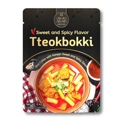 Unha&#39;s Korean Sweet &amp; Spicy Tteokbokki 8.8oz - Instant Rice Cakes with Gochujang Sauce, Ready in 3 Minutes, Serves 2 - Authentic Korean Meal, Easy K-Food Snack - Product of Korea