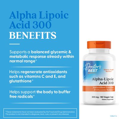 Doctor's Best Alpha-Lipoic Acid 300, Supports Antioxidant Function & Glycemic Balances, Non-GMO, Gluten Free, Vegan, Soy Free, 300 mg, 180 Veggie Caps