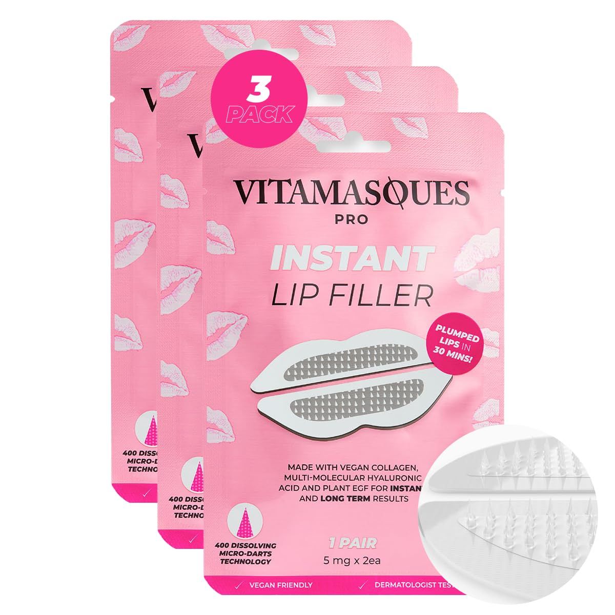 Instant Lip Filler for Plumped Lips in 30 Mins by Vitamasques, 3 Pack - Korean Skin Care Vegan Collagen, Hyaluronic Acid &amp; 400 Dissolving Micro-Dart Tech for Instant &amp; Long-Lasting Results