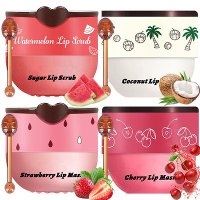 4PCS Lip Therapy Set - Lip Scrub &amp; Lip Mask, Overnight Treatment Lip Care Kits with - Exfoliate, Condition, Hydrate and Soothe, Exfoliator &amp; Moisturize Natural Two Step Treatment