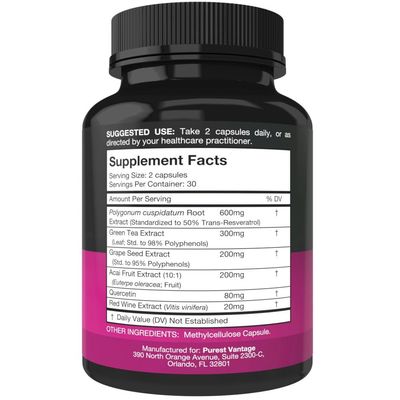 Resveratrol Supplement - Potent 1400mg Formula with Trans Resveratrol, Quercetin, Grape Seed, Green Tea, Acai and Red Wine Extract - 60 Veggie Capsules