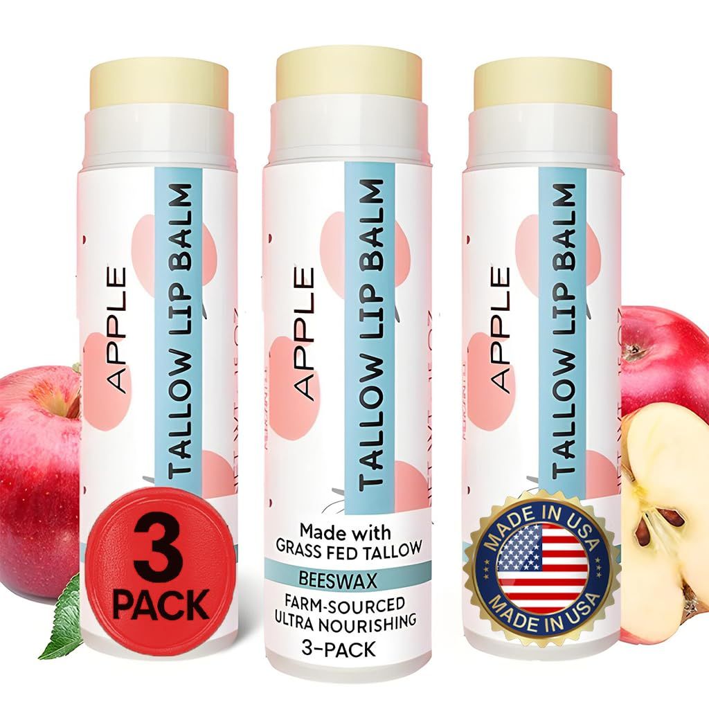 Tallow Lip Balm by Cattle Creek - Organic, All-Natural Ingredients, Long-Lasting Moisture and Hydration for Dry, Cracked, and Chapped Lips, Soothing Formula for Soft Skin (Pack of 3, Apple)