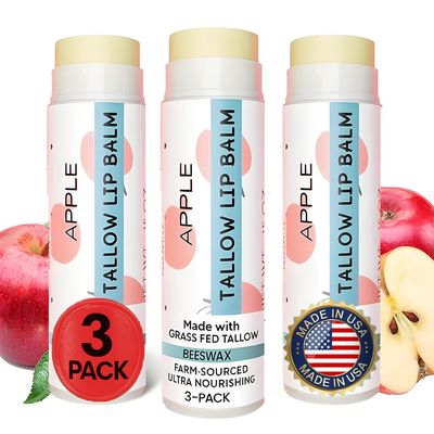 Tallow Lip Balm by Cattle Creek - Organic, All-Natural Ingredients, Long-Lasting Moisture and Hydration for Dry, Cracked, and Chapped Lips, Soothing Formula for Soft Skin (Pack of 3, Apple)