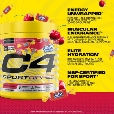 Cellucor C4 Sport Ripped Pre Workout Powder - Jolly Rancher Cherry - NSF Certified for Sport - Elite Hydration - 200mg Caffeine Creatine Beta-Alanine - Electrolytes and Energy - 20 Servings