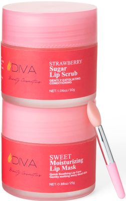 DIVA&#39;s Sweet Dream Strawberry Sugar Lip Scrub and Sweet Moisturizing Lip Mask With a Lip Brush, 2 in 1 Organic Lip Care Moisturizer, Exfoliating Fruit Vegan, Repairs, Rejuvenates and Nourishes Crac...