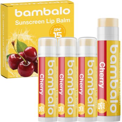Bambalo 4-Pack Cherry SPF 15 Lip Balm - Organic Ingredients, Broad Spectrum UVA/UVB Protection - Hydrating &amp; Moisturizing, USA Made
