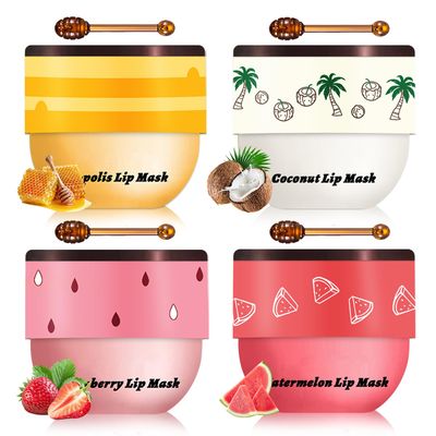 LZXLUKGIR 4PCS Honey Lip Balm Hydrating Honey Lip Mask Overnight Propolis Bee Balm Lip Balm Prevention Dry and Cracked Lip Scrub Exfoliator (HoneyStrawberryCoconutWatermelon)
