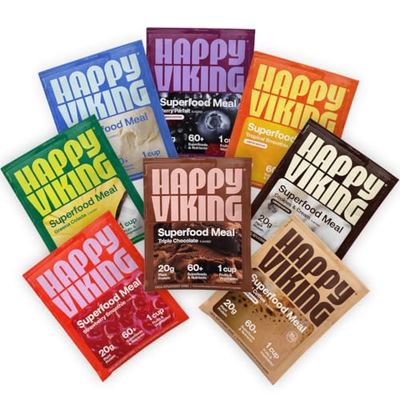 Happy Viking Variety Pack Plant Protein Powder, Created by Venus Williams, 20G Protein, Low Carb, Keto, Vegan, Gluten-Free, Non-GMO, Superfoods, Complete Meal Replacement, 8 Single Serve Packs
