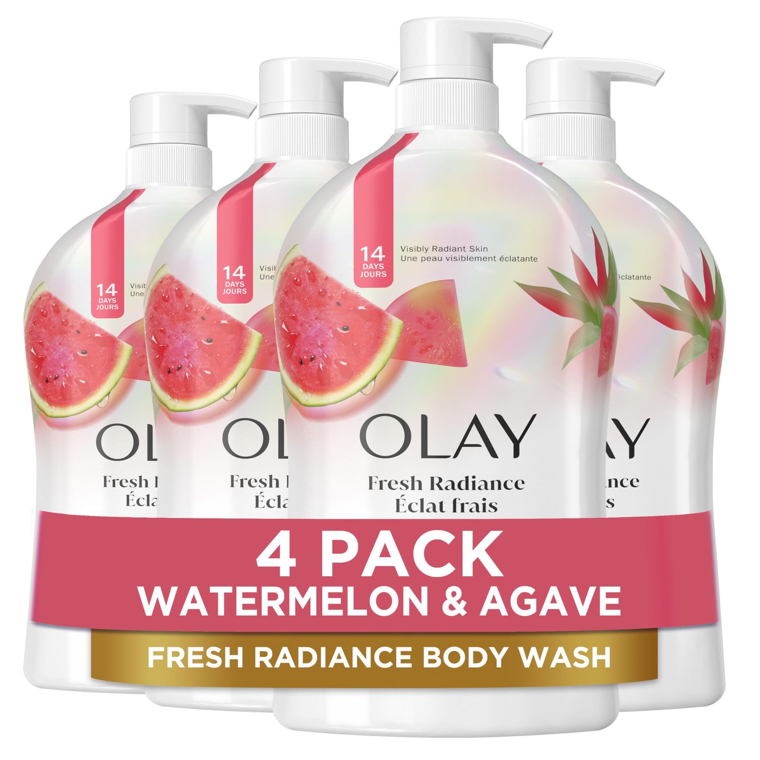 Olay Body Wash for Women, Fresh Radiance, Refreshing &amp; Renewing, Made with Plant Based Cleansers, B3 Botanical Complex, For All Skin Types, Watermelon &amp; Agave Scent, 33 fl oz (Pack of 4)