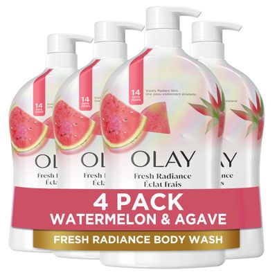 Olay Body Wash for Women, Fresh Radiance, Refreshing &amp; Renewing, Made with Plant Based Cleansers, B3 Botanical Complex, For All Skin Types, Watermelon &amp; Agave Scent, 33 fl oz (Pack of 4)