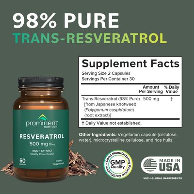 Prominent Nutrition Resveratrol Supplement, Anti-Aging and Immune Support, 98 Pure Trans-Resveratrol Supplement, 500 mg, 30 Day Supply