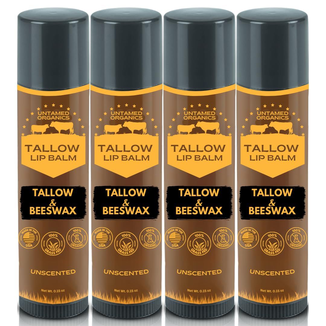 Untamed Organics Pure Tallow Lip Balm | 100 Grass-Fed Beef Tallow and Organic Beeswax | Moisturizing Lip Care for Dry, Chapped Lips | Hypoallergenic, Fragrance-Free | Handcrafted in USA | 4-Pack