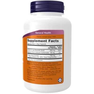 NOW Foods Supplements, Grape Seed 100 mg - Standardized Extract, Highly Concentrated Extract with a Minimum of 90 Polyphenols, with Vitamin C, 200 Veg Capsules