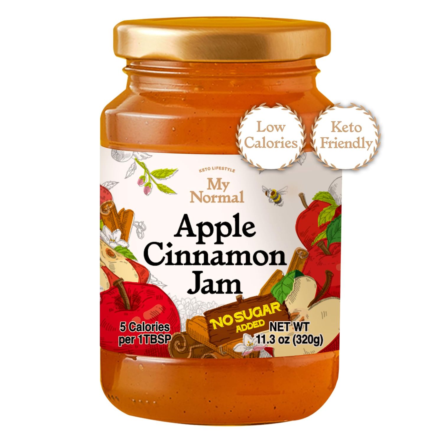 My Normal Low Calorie Apple Cinnamon Jam - Diabetic-Friendly, Apple 50 Fruit Jelly with Allulose, Keto &amp; Zero Sugar Jam - Only 6 Ingredients, No Artificial Additives (320g, 11.28 oz)