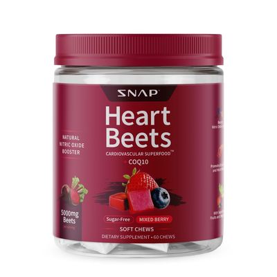 Snap Supplements Heart Beets Organic Beet Root Soft Chews, Cardiovascular Support Supplement for Men &amp; Women, CoQ10 &amp; Red Spinach, Heart Health &amp; Circulation Support, Sugar Free, Mixed Berry, 60 Chews
