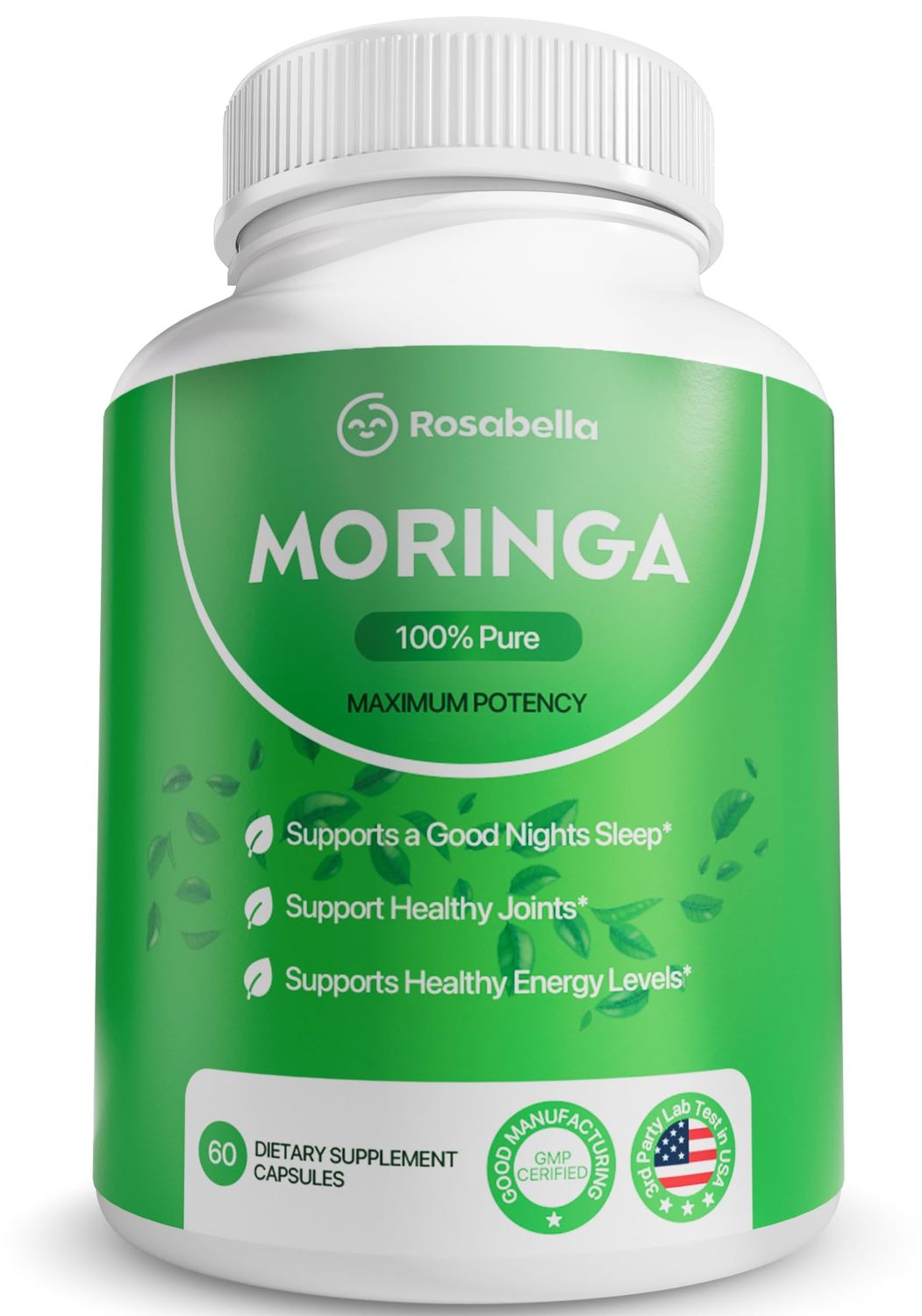 Rosabella Moringa Capsules - Pure Moringa Powder, Energy, Skin, Immune &amp; Gut Health Superfood, Rich in Antioxidants, Essential Vitamins &amp; Amino Acids, Natural Green Superfood Supplement - 60 Count
