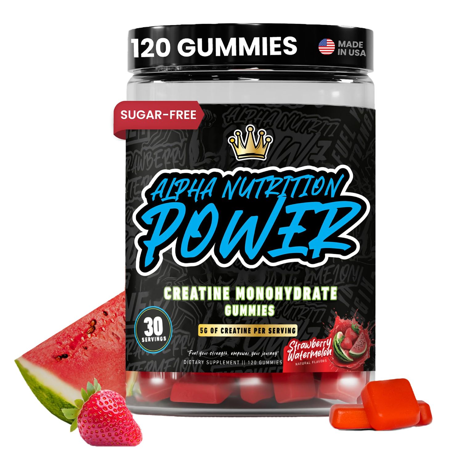 Alpha Nutrition Power Creatine Monohydrate Gummies 5g for Men &amp; Women, Supplement for Muscle Growth, Energy &amp; Strength, Creatine Gomitas, Sugar-Free Strawberry-Watermelon, Pre-Workout Gummies, 120 ct