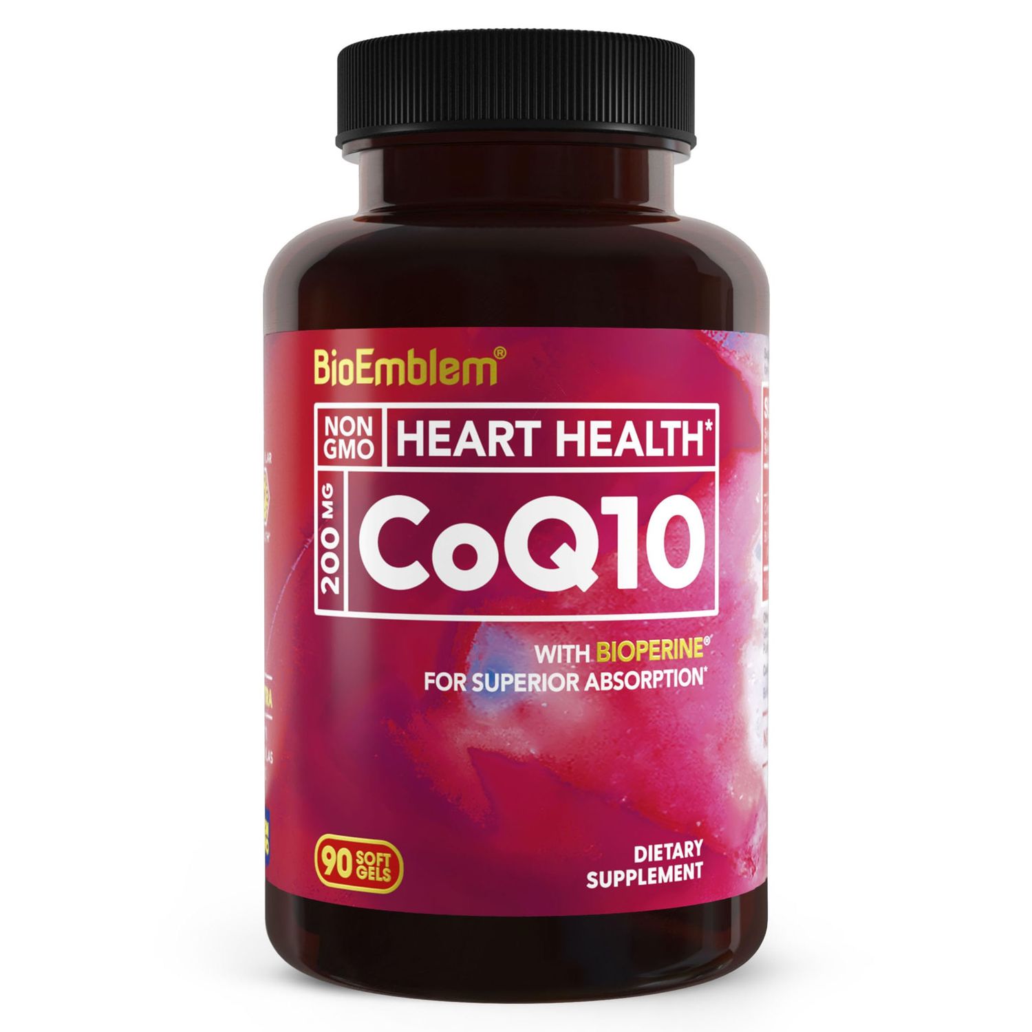 BioEmblem CoQ10 with BioPerine - 200mg Softgels, Superior Absorption - Coenzyme Q10 Antioxidant for Energy Production, Heart Health - Natural Form, Non-GMO CoQ10 Supplement - 90 Count