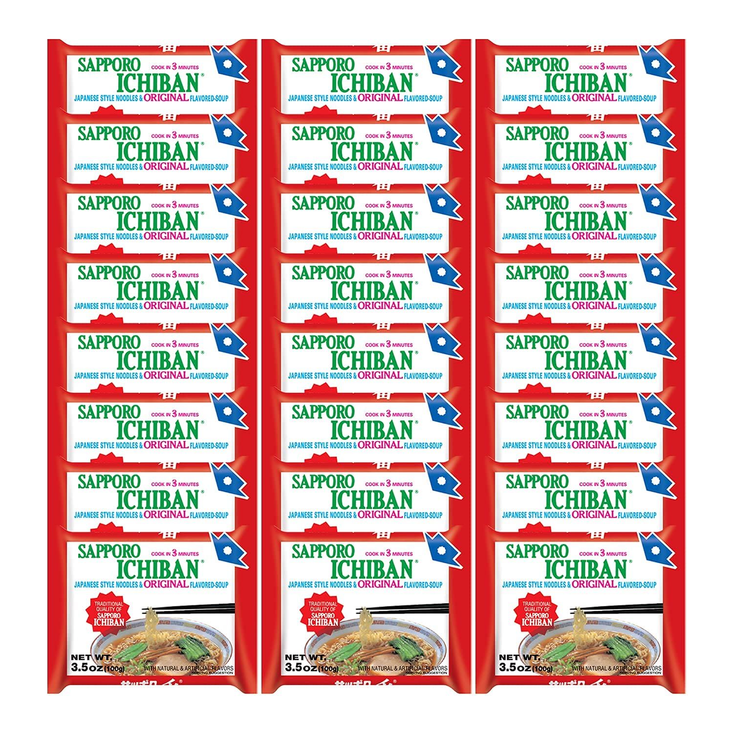 stickerless New SAPPORO ICHIBAN Ramen Noodles, Original Soy Sauce Flavor, No.1 Tasting Japanese Instant Noodles (3.5 Oz) (24 pouches)