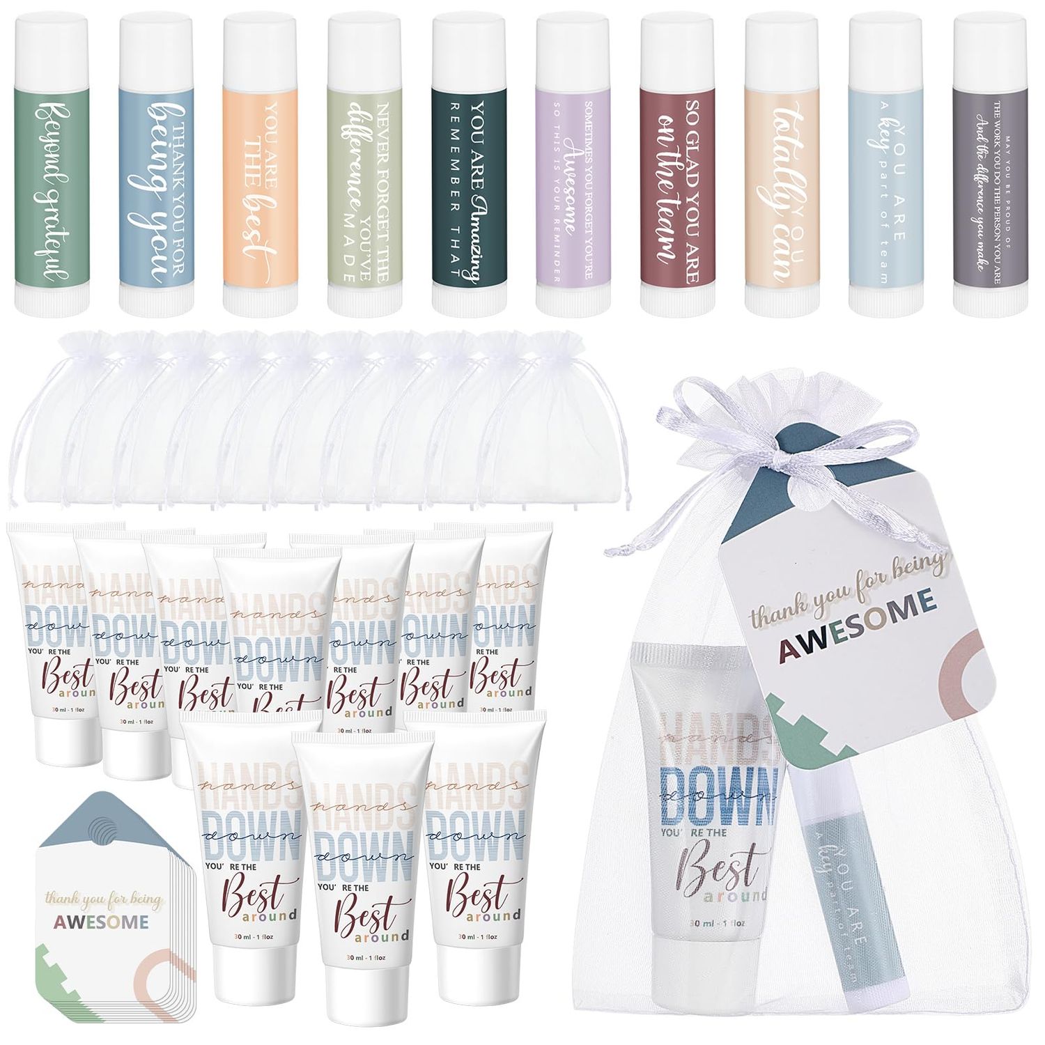 Heigble 10 Sets Teacher Appreciation Gifts Bulk Lip Balms and Hand Cream Employee Appreciation Inspirational Hand Lotion Thank You Gifts Bulk for Women Men Coworker Staff Office Team Back to School