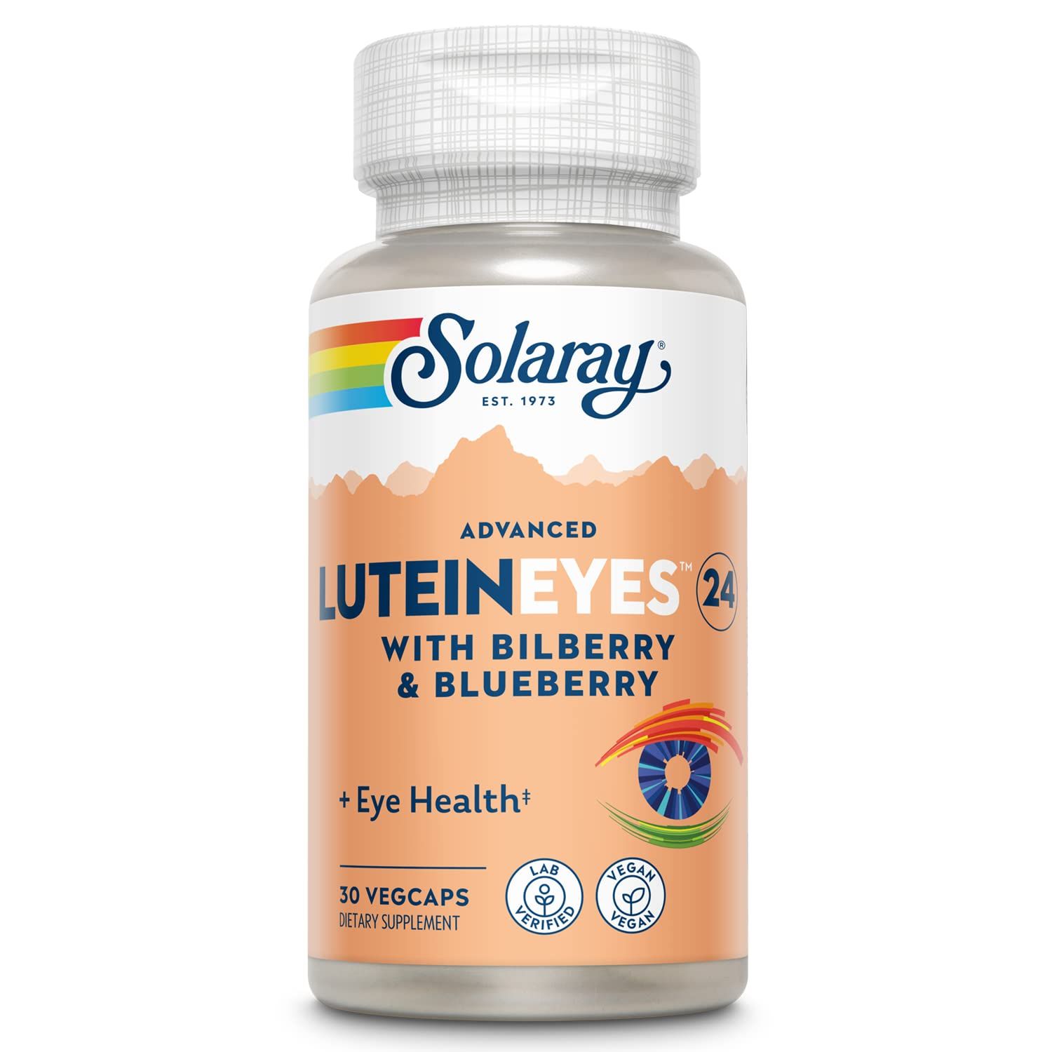 SOLARAY Advanced Lutein Eyes 24mg with Bilberry Extract and Blueberry Extract, Eye &amp; Macular Health Support Supplement Supplying Zeaxanthin from Marigold, Vegan, 30 Servings, 30 VegCaps