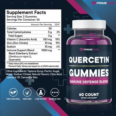 Primetime Sports Quercetin Zinc Vitamin C 1000mg Gummies Supplements with Elderberry, Flavonoid Vitamin for Kids Adults Immunity, Immune Support Gummy Booster Vegan (2 Pack) 60 Count (Pack of 2)