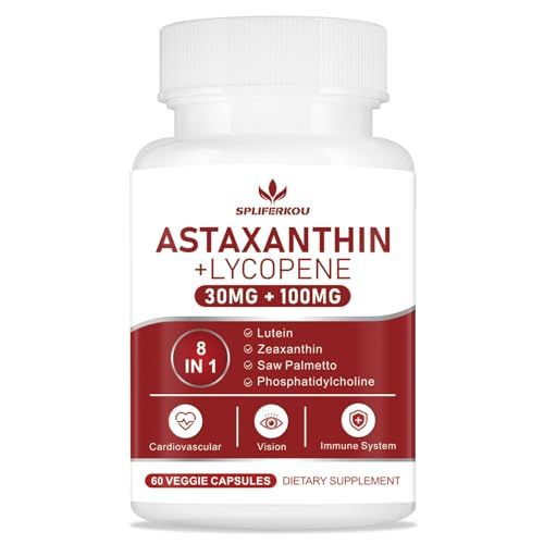 Spliferkou Astaxanthin and Lycopene 70mg, Astaxanthin Supplement with Phosphatidylcholine, Lutein and Zeaxanthin, Powerful Antioxidants Supplement Support for Skin, Eye and Joint Health (60 Capsules)
