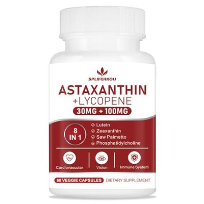 Spliferkou Astaxanthin and Lycopene 70mg, Astaxanthin Supplement with Phosphatidylcholine, Lutein and Zeaxanthin, Powerful Antioxidants Supplement Support for Skin, Eye and Joint Health (60 Capsules)