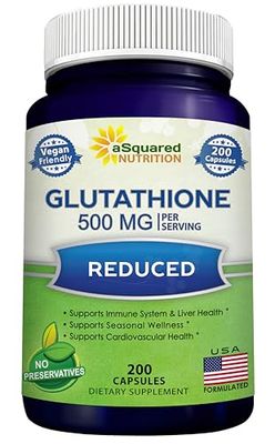 aSquared Nutrition Reduced Glutathione 500mg Per Serving Supplement -200 Capsules -L-Glutathione Antioxidant to Support Liver Health &amp; Detox - Max Strength Powder Pills to Help Immune &amp; Brain Function
